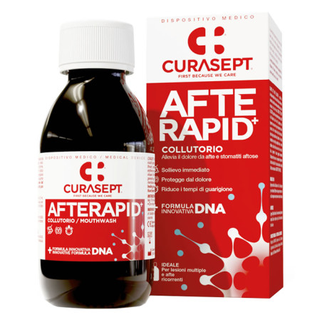 Flacone da 125 ml di Curasept Collutorio Afte Rapid Dna, collutorio per afte ricorrenti e lesioni della bocca.