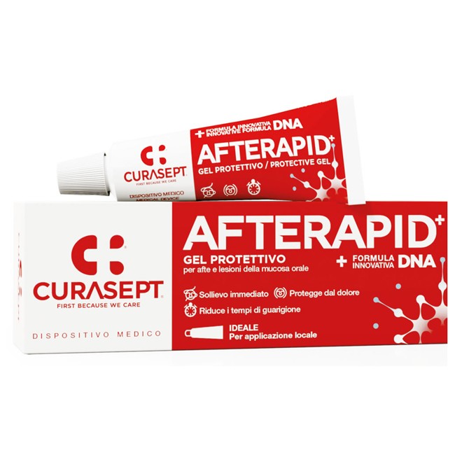 Tubetto da 10 ml di Curasept Gel Afte Rapid, gel utile in caso di afte e lesioni della mucosa orale. Tubetto da 10 ml di Curasept Gel Afte Rapid, gel utile in caso di afte e lesioni della mucosa orale.