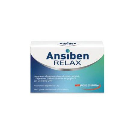 Confezione da 15 compresse di Pool Pharma Ansiben Relax, integratore per buon umore e benessere mentale. Confezione da 15 compresse di Pool Pharma Ansiben Relax, integratore per buon umore e benessere mentale.