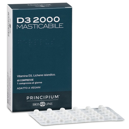 Confezione da 60 compresse di Bios Line Principium D3 2000 Vegetale, integratore per ossa e sistema immunitario.
