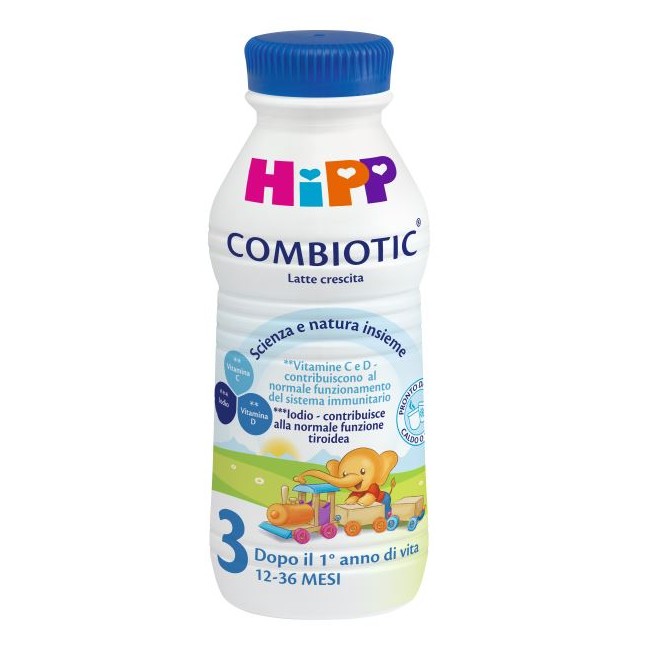 Bottiglia da 470 ml di Hipp 3 Combiotic, latte di crescita per bambini a partire dai 12 mesi. Bottiglia da 470 ml di Hipp 3 Combiotic, latte di crescita per bambini a partire dai 12 mesi.