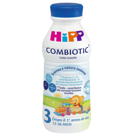 Bottiglia da 470 ml di Hipp 3 Combiotic, latte di crescita per bambini a partire dai 12 mesi.