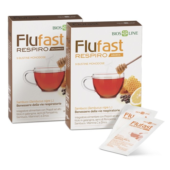 Confezione da 9 bustine di Bios Line Flufast Respiro Balsamico, integratore per difese immunitarie e vie respiratorie. Confezione da 9 bustine di Bios Line Flufast Respiro Balsamico, integratore per difese immunitarie e vie respiratorie.