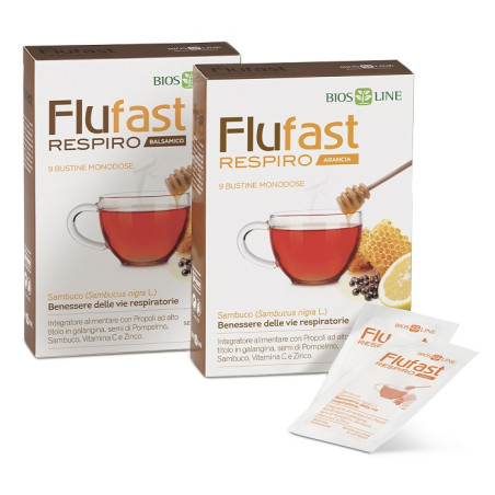 Confezione da 9 bustine di Bios Line Flufast Respiro Balsamico, integratore per difese immunitarie e vie respiratorie.