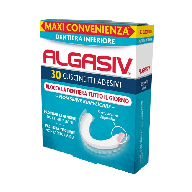 Confezione da 30 pezzi di Algasiv Cuscinetti Adesivi, utili per bloccare la prtesi dentaria inferiore.