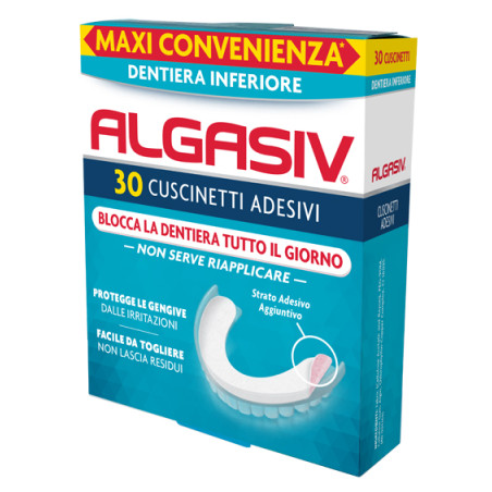 Confezione da 30 pezzi di Algasiv Cuscinetti Adesivi, utili per bloccare la prtesi dentaria inferiore.