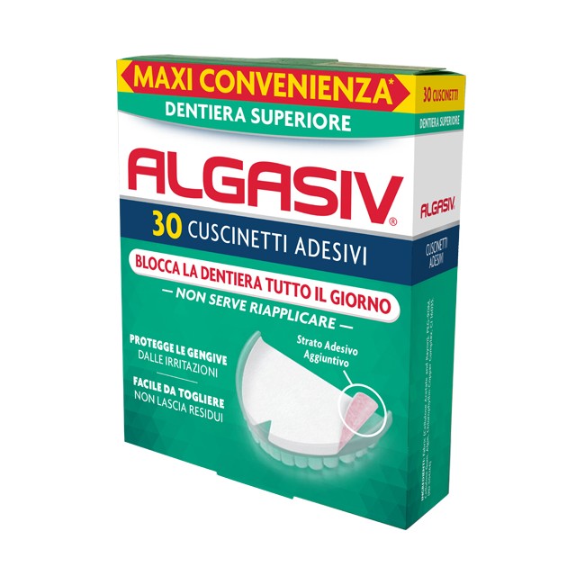 Confezione da 30 pezzi di Algasiv Cuscinetti Adesivi per dentiera superiore. Confezione da 30 pezzi di Algasiv Cuscinetti Adesivi per dentiera superiore.