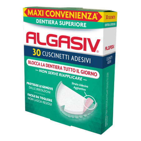 Confezione da 30 pezzi di Algasiv Cuscinetti Adesivi per dentiera superiore. Confezione da 30 pezzi di Algasiv Cuscinetti Adesivi per dentiera superiore.