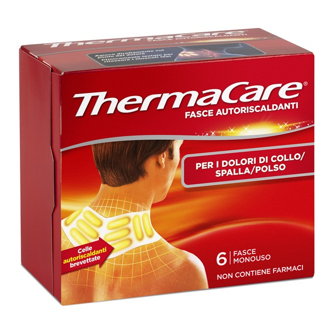 Confezione da 6 pezzi di Thermacare fascia autoriscaldante per i dolori di collo spalla polso. Confezione da 6 pezzi di Thermacare fascia autoriscaldante per i dolori di collo spalla polso.