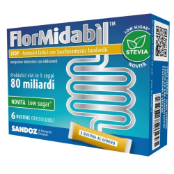 Confezione da 6 buste orosolubili di Sandoz Flormidabil Stop Integratore Di Fermenti Lattici Per La Flora Batterica Intestinale.