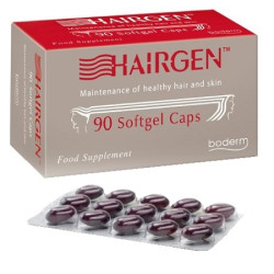 Confezione da 90 capsule di Hairgen, integratore contro la caduta dei capelli.