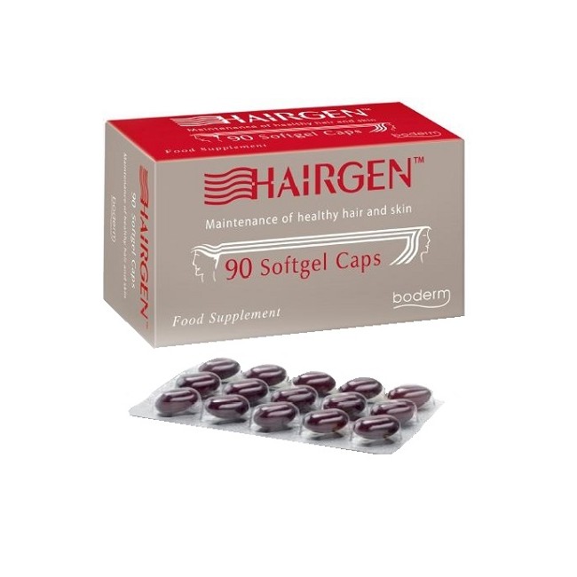 Confezione da 90 capsule di Hairgen, integratore contro la caduta dei capelli. Confezione da 90 capsule di Hairgen, integratore contro la caduta dei capelli.