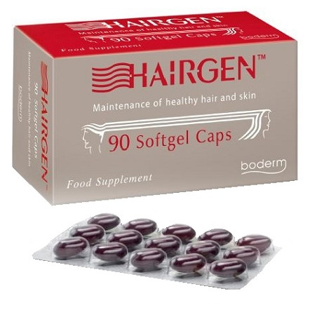 Confezione da 90 capsule di Hairgen, integratore contro la caduta dei capelli. Confezione da 90 capsule di Hairgen, integratore contro la caduta dei capelli.