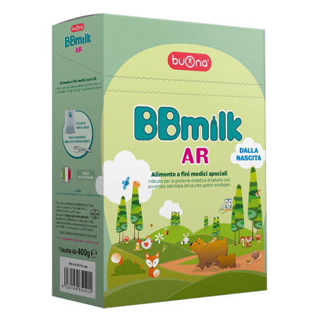 Confezione da 400 grammi di Bbmilk AR Latte Speciale Anti-rigurgito e Anti-reflusso. Confezione da 400 grammi di Bbmilk AR Latte Speciale Anti-rigurgito e Anti-reflusso.