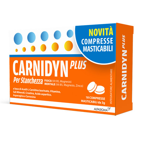 Confezione da 18 compresse di Carnidyn Plus, integratore utile contro la stanchezza fisica e mentale.