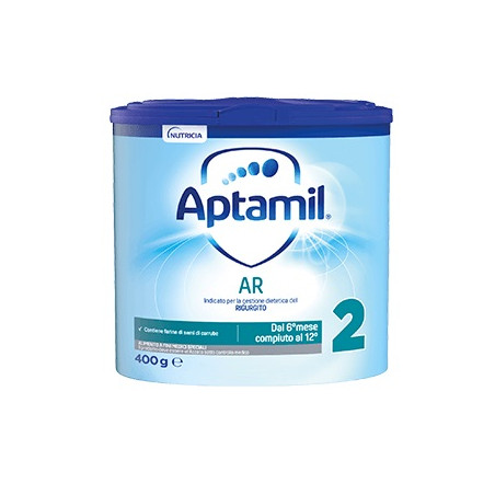 Barattolo da 400 grammi di Aptamil AR 2, latte in polvere anti rigurgito. Barattolo da 400 grammi di Aptamil AR 2, latte in polvere anti rigurgito.