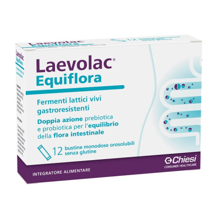 Confezione da 12 bustine di Laevolac Equiflora, integratore per  l' equilibrio dell' intestino.
