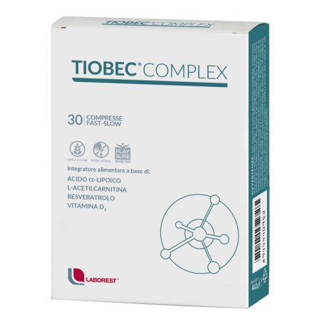 Confezione da 30 compresse di Tiobec Complex, integratore per dolori cronici e stress ossidativo.