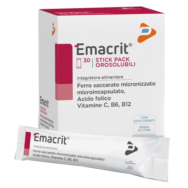 Confezione da 30 bustine di Emacrit integratore a base di ferro e vitamina C Confezione da 30 bustine di Emacrit integratore a base di ferro e vitamina C