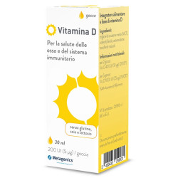 Flacone da 30 ml di Metagenics Vitamina D Liquido, integratore per le ossa e il sistema immunitario.