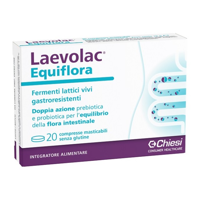 Confezione da 20 compresse di Laevolac Equiflora, integratore per l'equilibrio intestinale. Confezione da 20 compresse di Laevolac Equiflora, integratore per l'equilibrio intestinale.