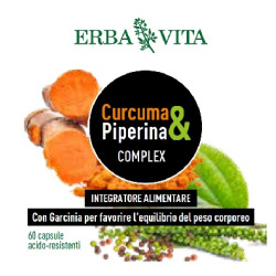 Confezione da 60 capsule di Erba Vita Curcuma&Piperina Complex, integratore per il metabolismo e il controllo del peso.