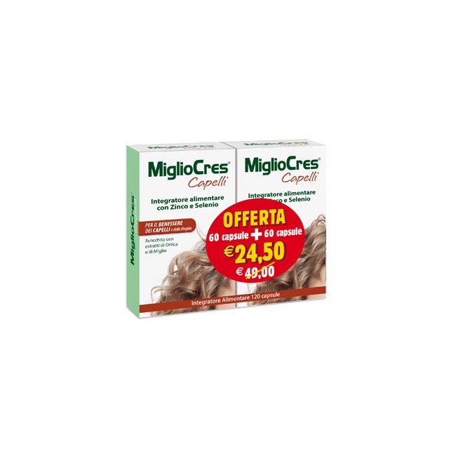 Confezione convenienza 60+60 di Migliocres integratore contro la caduta dei capelli Confezione convenienza 60+60 di Migliocres integratore contro la caduta dei capelli