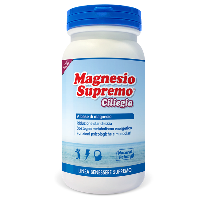 Barattolo da 150 g. di Natural Point Magnesio Supremo, integratore contro la stanchezza fisica e mentale al gusto di ciliegia. Barattolo da 150 g. di Natural Point Magnesio Supremo, integratore contro la stanchezza fisica e mentale al gusto di ciliegia.