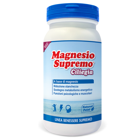 Barattolo da 150 g. di Natural Point Magnesio Supremo, integratore contro la stanchezza fisica e mentale al gusto di ciliegia.