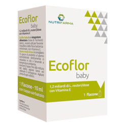 Flacone da 10 ml di Ecoflor Baby, integratore probiotico per la salute intestinale dei bambini.