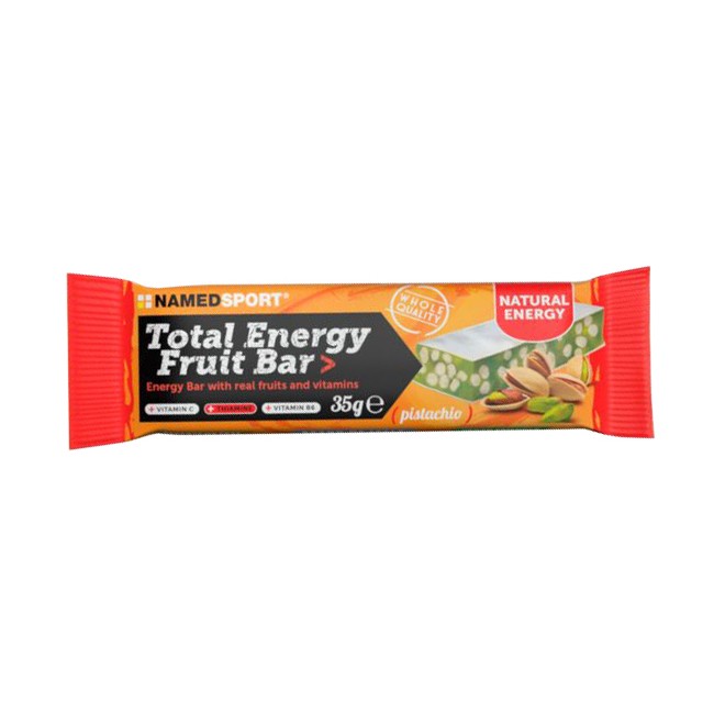 Barretta da 35 g di Named Sport Total Energy Fruit Pistacchio, barretta a base di carboidrati e vitamine. Barretta da 35 g di Named Sport Total Energy Fruit Pistacchio, barretta a base di carboidrati e vitamine.