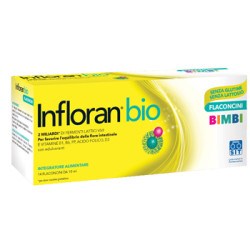 Confezione da 14 flaconcini di Infloran Bio Bimbi, integratore per supporto intestinale e immunitario.