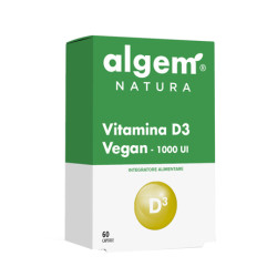 Confezione da 60 capsule di Vitamina D3 vegan 1000 UI, integratore per ossa, muscoli e sistema immunitario.