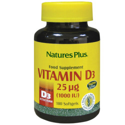 Confezione da 180 capsule di Natures Plus Vitamina D3 1000 UI Integratore Per Le Ossa E Le Difese Immunitarie.