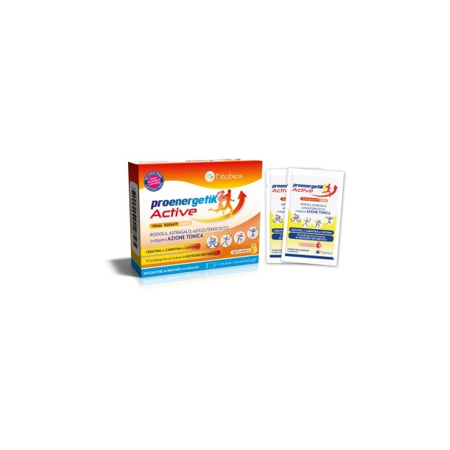 Confezione da 12 bustine di Proenergetik Active, integratore per energia e forza muscolare. Confezione da 12 bustine di Proenergetik Active, integratore per energia e forza muscolare.