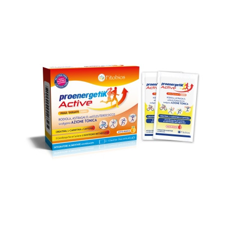 Confezione da 12 bustine di Proenergetik Active, integratore per energia e forza muscolare. Confezione da 12 bustine di Proenergetik Active, integratore per energia e forza muscolare.