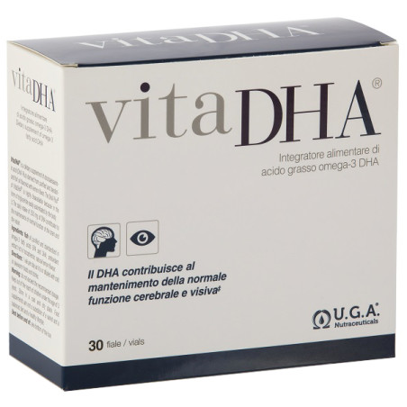 Confezione da 30 fiale monodose di Vitadha, integratore per la funzione cerebrale e visiva.