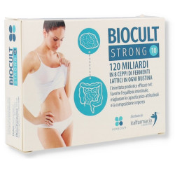 Confezione da 10 bustine di Biocult Strong, integratore di fermenti lattici vivi per l'intestino.