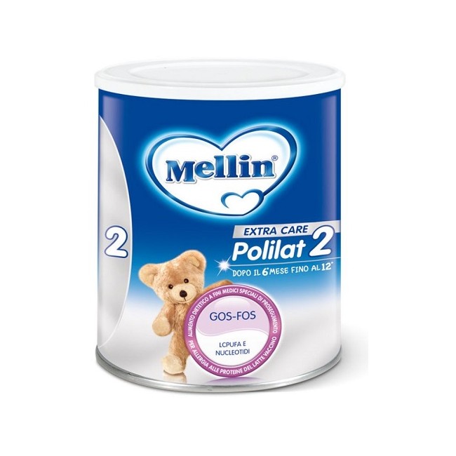 Barattolo di Mellin Polilat 2, latte per bambini con allergie alle proteine del latte vaccino. Barattolo di Mellin Polilat 2, latte per bambini con allergie alle proteine del latte vaccino.