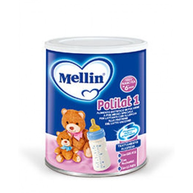 Barattolo di Mellin Polilat 1, latte per bambini con allergie alle proteine del latte vaccino. Barattolo di Mellin Polilat 1, latte per bambini con allergie alle proteine del latte vaccino.