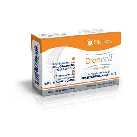 Confezione da 30 compresse di Drencell, integratore per cellulite e pesantezza delle gambe. Confezione da 30 compresse di Drencell, integratore per cellulite e pesantezza delle gambe.