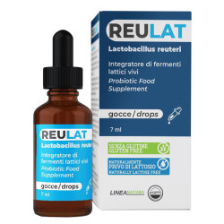 Flacone da 7 ml di Reulat Gocce, integratore probiotico per il benessere intestinale.