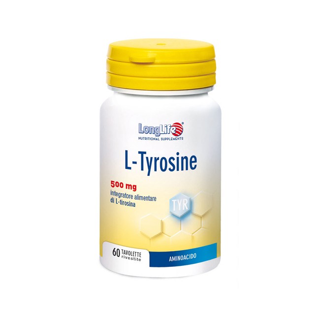 Confezione da 60 tavolette di Longlife L-Tyrosine, integratore per controllare la fame. Confezione da 60 tavolette di Longlife L-Tyrosine, integratore per controllare la fame.