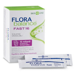 Confezione da 10 bustine di Bios Line Flora Balnce Fast, integratore di fermenti lattici per diarrea e gonfiore.