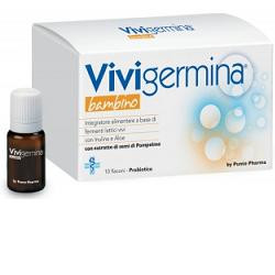 Confezione da 10 flaconcini di Vivigermina Bambino, integratore per la regolarità intestinale dei bambini.