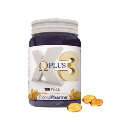 Flacone da 100 perle di X 3 Plus Omega3, integratore per il cuore e i vasi sanguigni.