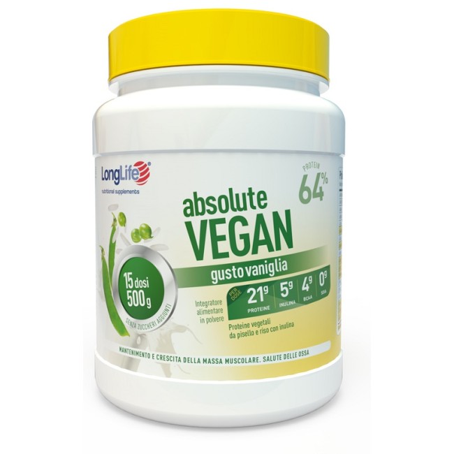 Barattolo da 500 grammi di Longlife Absolute Vegan, integratore di proteine per la massa muscolare.