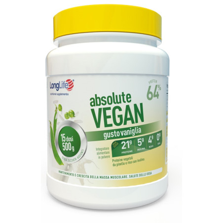 Barattolo da 500 grammi di Longlife Absolute Vegan, integratore di proteine per la massa muscolare.