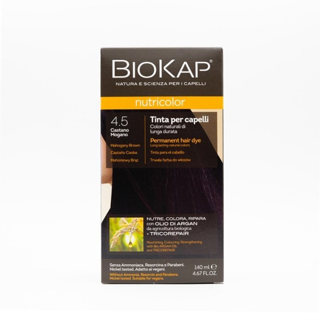 Confezione contenente Biokap Nutricolor 4.5, tinta per capelli colore castano mogano. Confezione contenente Biokap Nutricolor 4.5, tinta per capelli colore castano mogano.