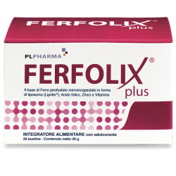 Confezione da 20 bustine di Ferfolix Plus, integratore per prevenire l'anemia in gravidanza.